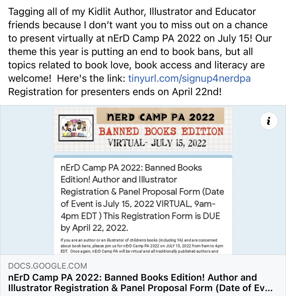 historycomics's tweet image. To my author and educator friends - come join @nErDCampPA1 for their virtual conference centered on the banning of books and celebrating literacy for all. You can submit a panel proposal here - tinyurl.com/signup4nerdpa