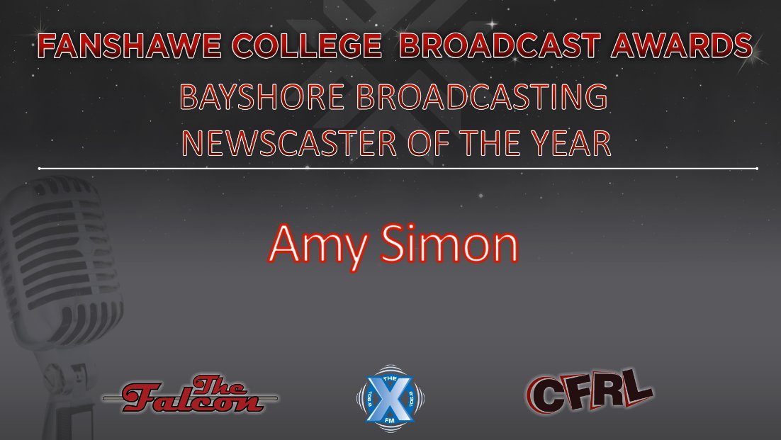 Congratulations Amy Simon, recipient of the Bayshore Broadcasting Corporation Newscaster of the Year Award. <a href="/FanshaweCollege/">fanshawecollege</a> <a href="/RadioFC78/">Radio Broadcasting</a> <a href="/JournalismFC78/">Broadcast Journalism</a> #FCRadioAwards <a href="/NewsBayshore/">Bayshore News</a> <a href="/1069TheX/">106.9 The X - Fanshawe College</a> <a href="/XFMNews/">XFM News - 106.9 The X</a> @amysimonn_ <a href="/amysimonXFM/">Amy Simon</a>