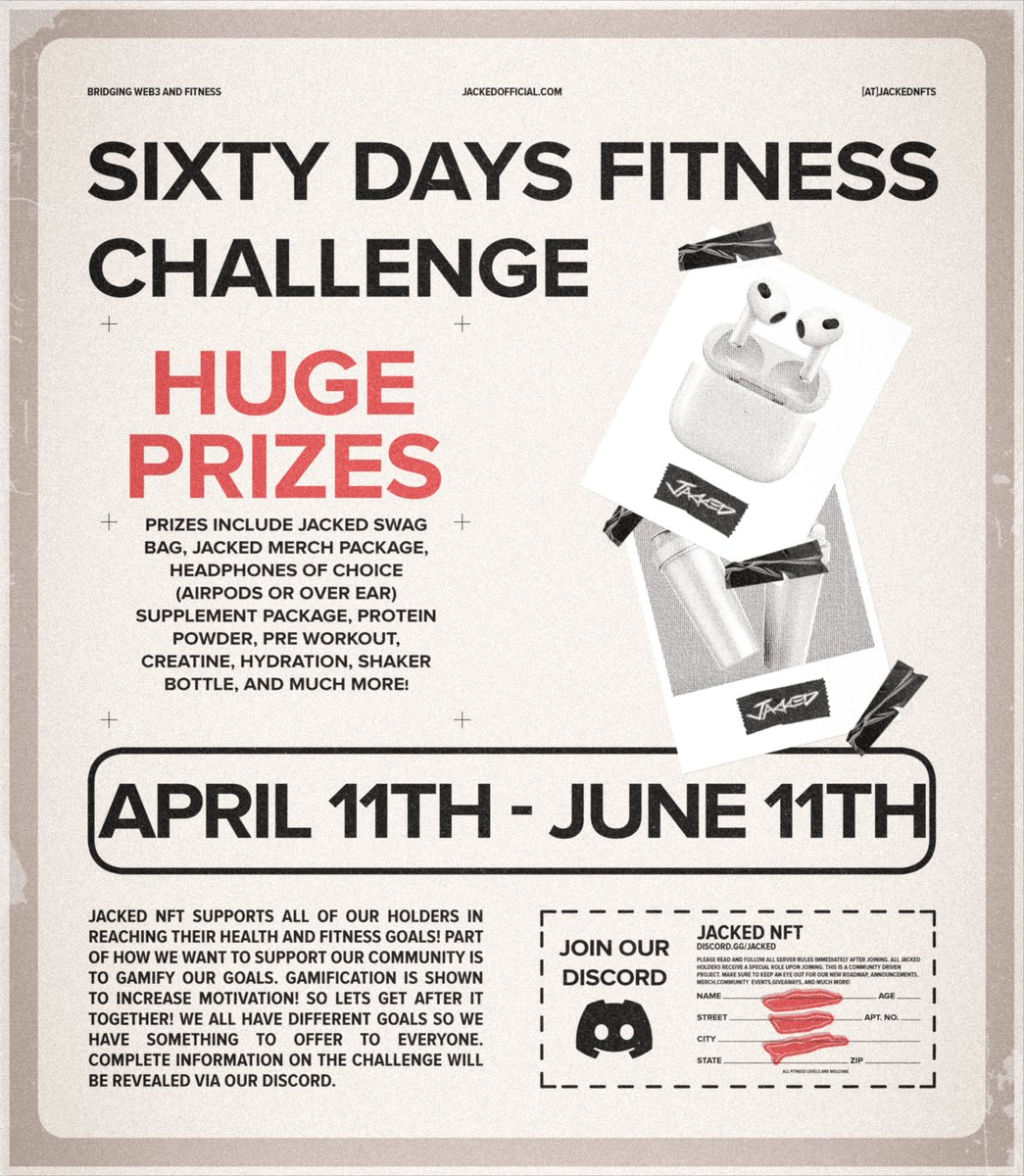 _MobJ's tweet photo. 🏆 SIXTY DAYS OF FITNESS 🏆

Compete with the Jacked fam for HUGE prizes in our 60 days of fitness challenge running from April 11th to June 11th! Get fit while having fun with our community, more info in our Discord. Must own a Jacked Ape to win.

👉 https://t.co/NXyBRUwbSz https://t.co/6XWK4N41U8