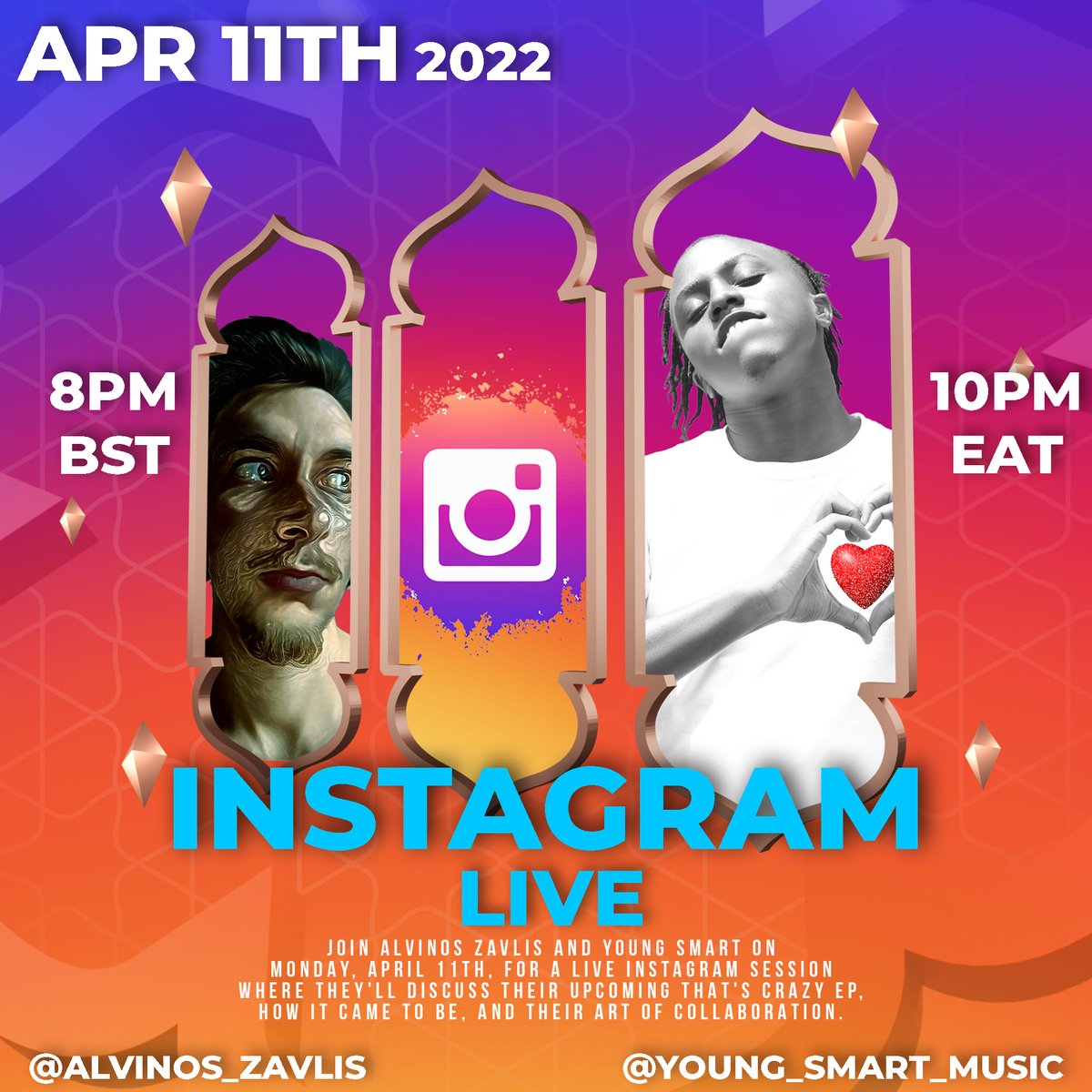 youngsmartmusic's tweet photo. Tomorrow @alvinoszavlis and I do our last #instagramlive session (at 8pm BST &amp; 10pm EAT) respectively, before the #thatscrazy EP Drops. I hope to see you there! 😍
You don't wanna miss this 😁
#newep #livestream #goinglive #YoungSmart #AlvinosZavlis https://t.co/VQle78JoBk