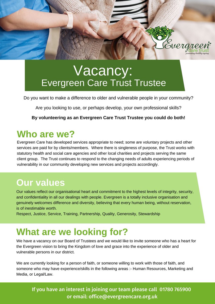EvergreenCareHQ's tweet image. Looking for a NEW challenge?💪

We have a Evergreen Care Trust Trustee vacancy!

If you have an interest in joining our team please call 01780 765900 or email: office@evergreencare.org.uk #trustee #vacancy #stamforduk