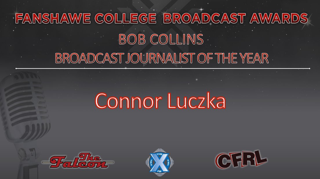 Congratulations Connor Luczka, recipient of the Bob Collins Broadcast Journalist of the Year Award. <a href="/FanshaweCollege/">fanshawecollege</a> <a href="/RadioFC78/">Radio Broadcasting</a> <a href="/JournalismFC78/">Broadcast Journalism</a> #FCRadioAwards <a href="/Newsman09/">Bob Collins</a> <a href="/1069TheX/">106.9 The X - Fanshawe College</a> <a href="/XFMNews/">XFM News - 106.9 The X</a> @cluczka <a href="/ConnorLuczka/">Connor Luczka</a>
