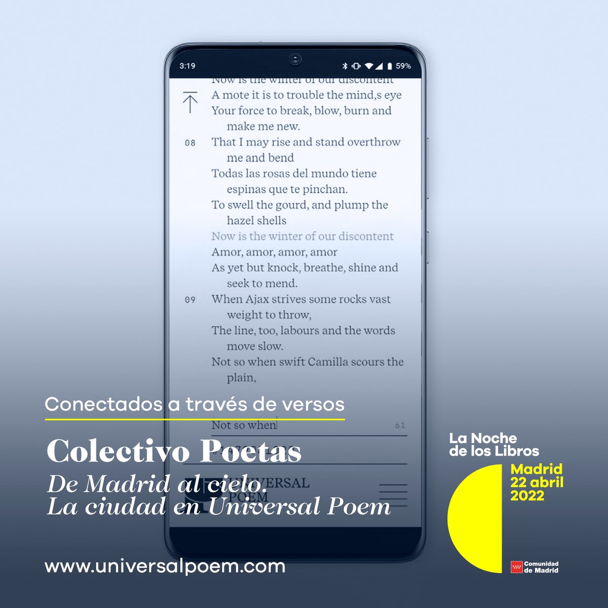 Libro_MAD's tweet photo. A través del proyecto ‘De Madrid al cielo. La ciudad en #UniversalPoem’ ideado por el Colectivo Poetas os invitamos a participar en este gran poema universal enviándonos versos escritos para Madrid a través del hashtag #lanochedeloslibrosuniversal. Participa hasta el 23 de abril. https://t.co/58I8Ll26MH