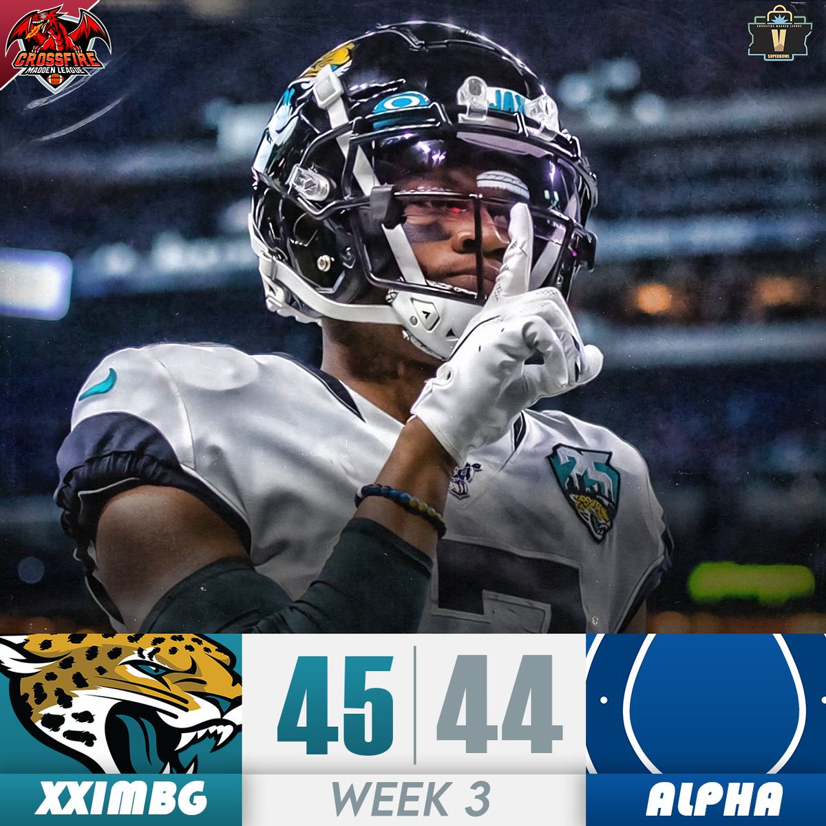 CrossfireLG's tweet photo. JAGUARS WINS IT IN THE FINAL SECONDS, 45-44! 😈 #RoadToV
#FranchiseNation #Madden22 x @EAMaddenNFL @leaguecrawler @CFMNetwork @neonsportz https://t.co/Lu5sfSDCR7