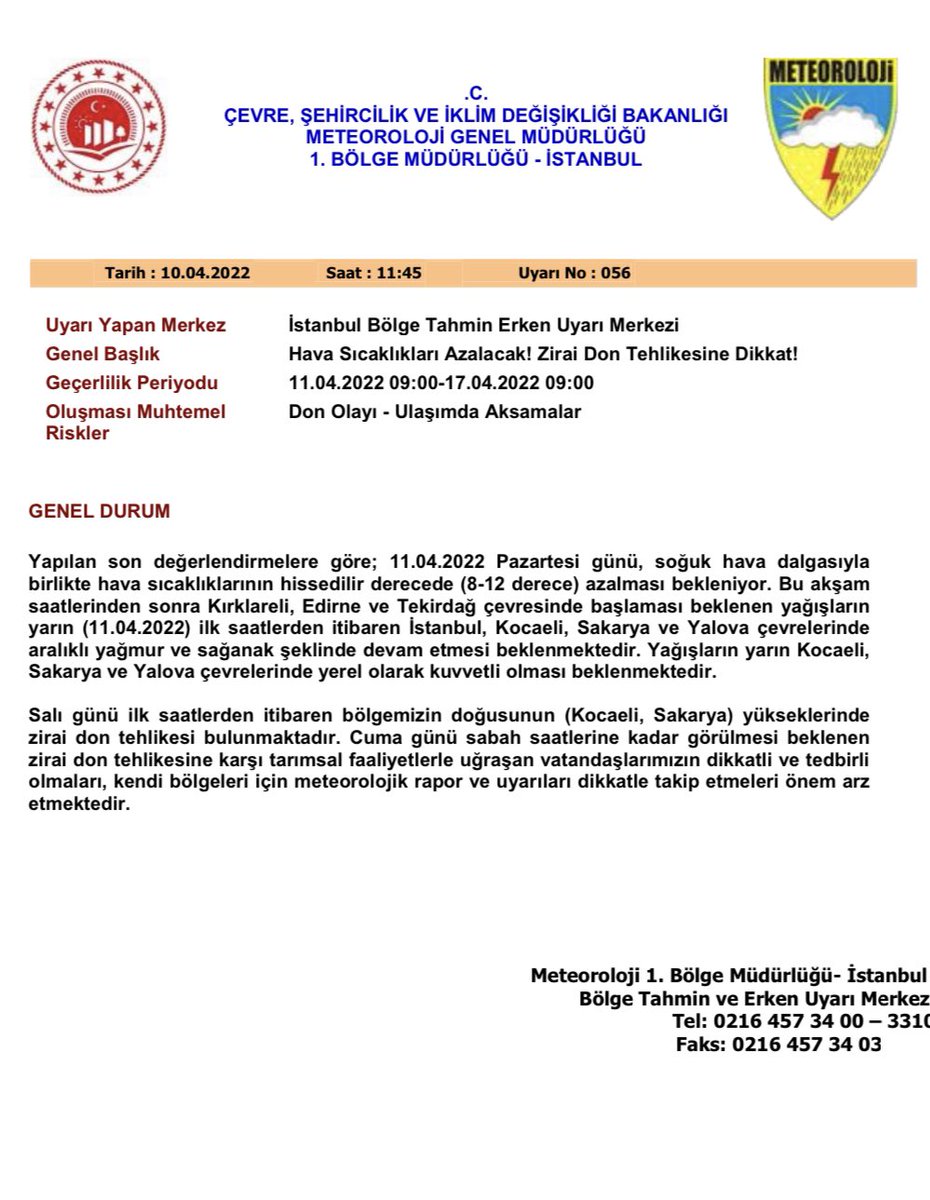 #İstanbul'da Meteoroloji'nin değerlendirmelere göre;

11 Nisan 2022 Pazartesi günü, soğuk hava dalgasıyla birlikte hava sıcaklıklarının hissedilir derecede (8-12 derece) azalması bekleniyor.

❗Dikkatli ve tedbirli olunmalıdır.

🔎 Detaylar için tıklayınız:bit.ly/3DXdHs9