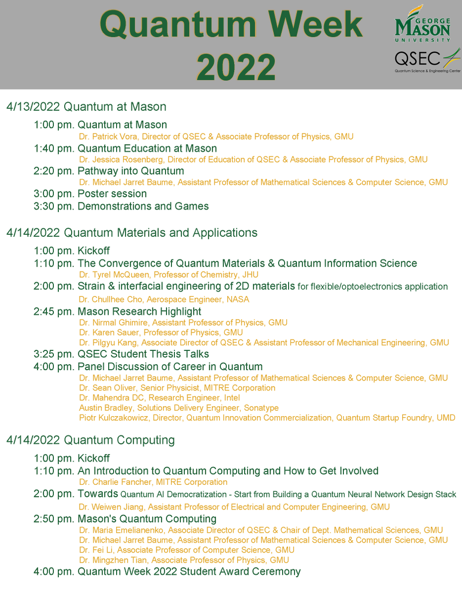 GMU_QSEC's tweet photo. In 3 days - Join us at JC for Mason Quantum Week 2022! RSVP at https://t.co/geJEoq3nZz @GMU_COS  @Mason_CEC @MasonResearch  #quantumweek #WorldQuantumDay https://t.co/Zy1qAH25qN