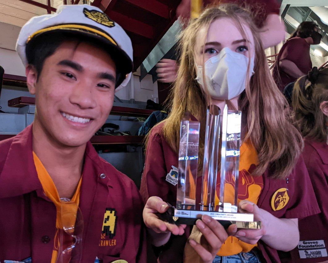 KnightKrawler finished 2nd in the 10,000 Lake Regional yesterday. We also won the Creativity Award. With this award, we have now completed the “Hexafecta,” winning an award in each of the 6 categories for robot performance. Thank you to our alliance partners @Team3082 and 7028!