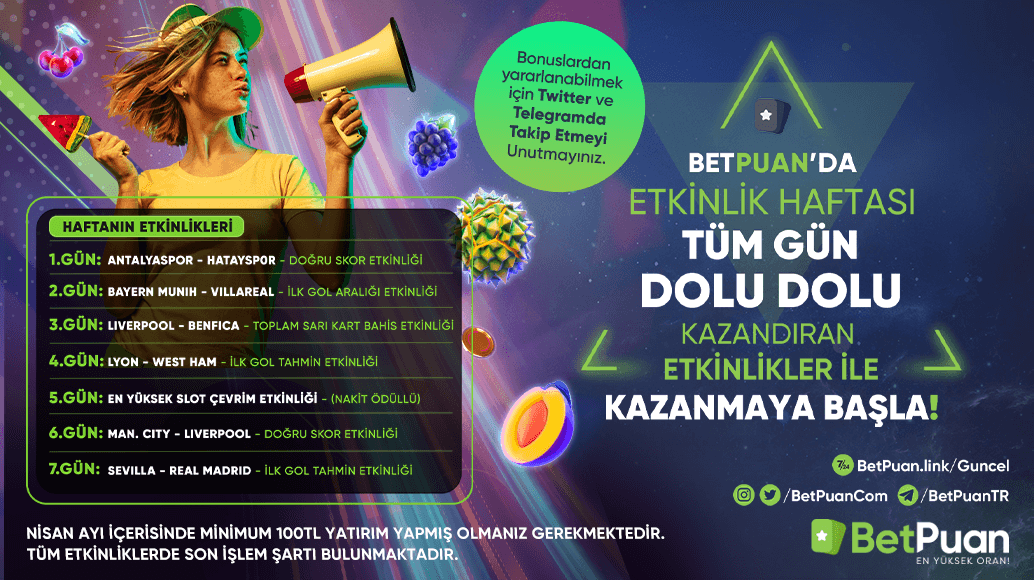 🎯 BetPuan'da Dolu Dolu Etkinlik Haftası Yarın Başlıyor!

⭐️Yapılması Gerekenler;
✅Telegram ve Twitter hesaplarını takip etme,
✅ Bu Gönderiyi RT yapıp, yoruma 5 arkadaşını etiketlemek.

✉️ Telegram: t.me/BetPuanTR

Her Zaman #Güncel Linkimiz
🏆BetPuan.Link/Guncel