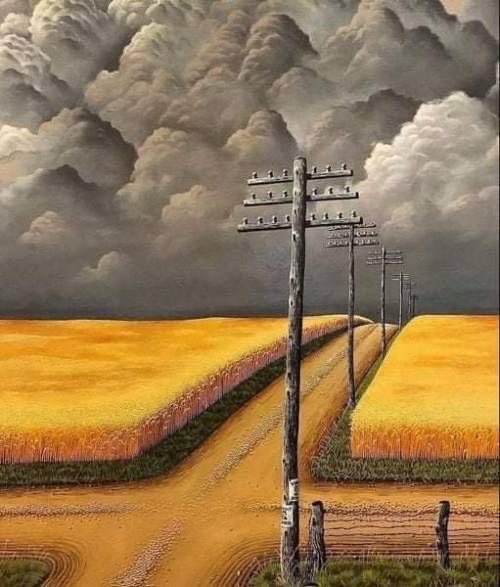 HWarlow's tweet photo. I’m not quite sure why I like this painting but I do.  The sky against the yellow of the crop in the field is fantastic . Some will say it’s bleak and it almost is. The artist is John Rodgers  Cox (1915-1990) Indiana artist https://t.co/NUpSqLvZsS