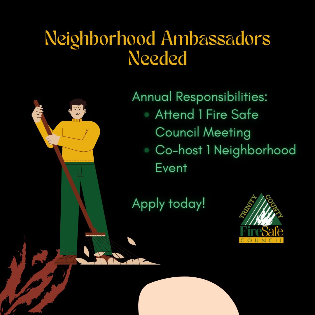FireSafeTrinity's tweet photo. Accepting applications for #FireSafeTrinity Neighborhood Ambassador Program!
After interview and orientation, annual commitment is to attend one Trinity County Fire Safe Council Meeting and organize/co-lead one neighborhood event.
Apply here: https://t.co/saS1oVn3oS https://t.co/7YOepvBzyv