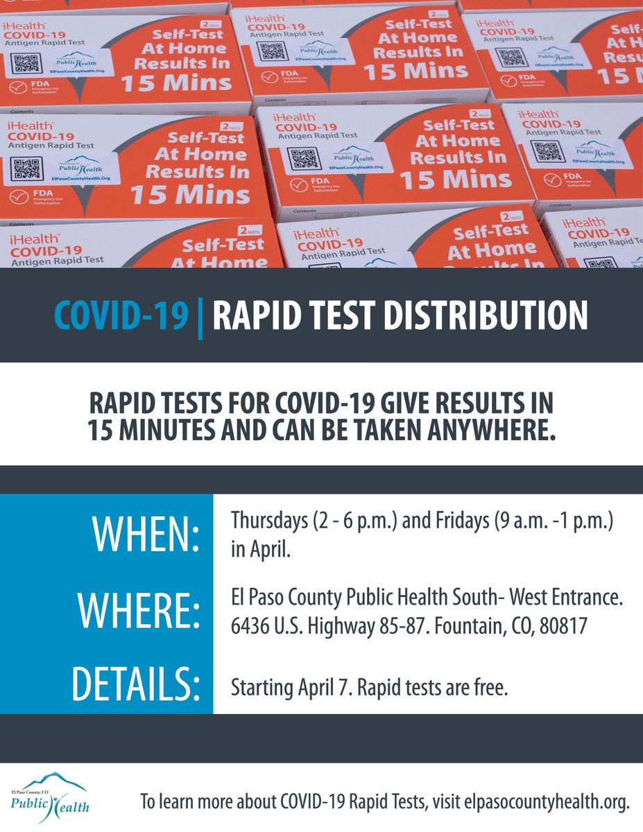Public Health (@epcpublichealth) on Twitter photo Looking for a COVID-19 rapid test? 
Rapid tests will be available at our Public Health South location every Thursday & Friday in April! Rapid tests are free, see flyer for details. 
Learn more here: bit.ly/3tqTCp8 Looking for a COVID-19 rapid test? 
Rapid tests will be available at our Public Health South location every Thursday & Friday in April! Rapid tests are free, see flyer for details. 
Learn more here: bit.ly/3tqTCp8