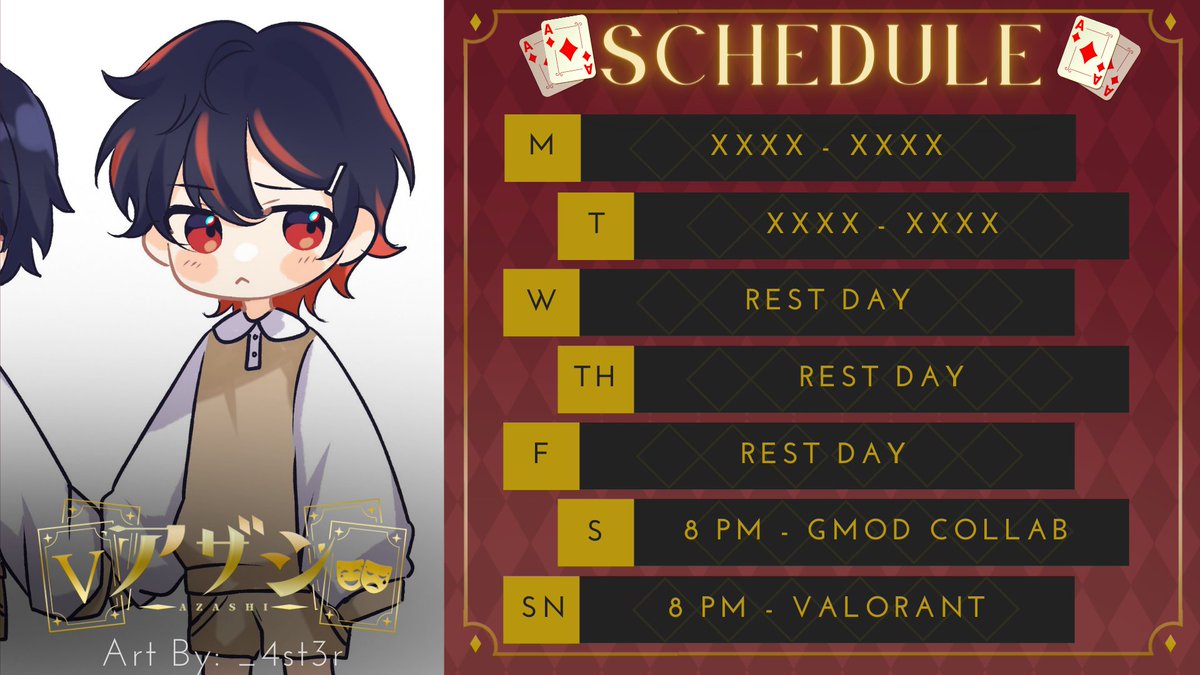 Azashi__'s tweet photo. 🩸⚜️SCHEDULE FOR THE WEEK OF APRIL 11-17⚜️🩸

Schedule Art by: @_4st3r 
 
【HASHTAGS】
Live: #Azahaishin
Art: #Azashillust
NSFW: #Azalust
Memes: #Azashitpost
Clips: #Azasheesh
Music: #AzashinoUta https://t.co/5DPa9kiirB