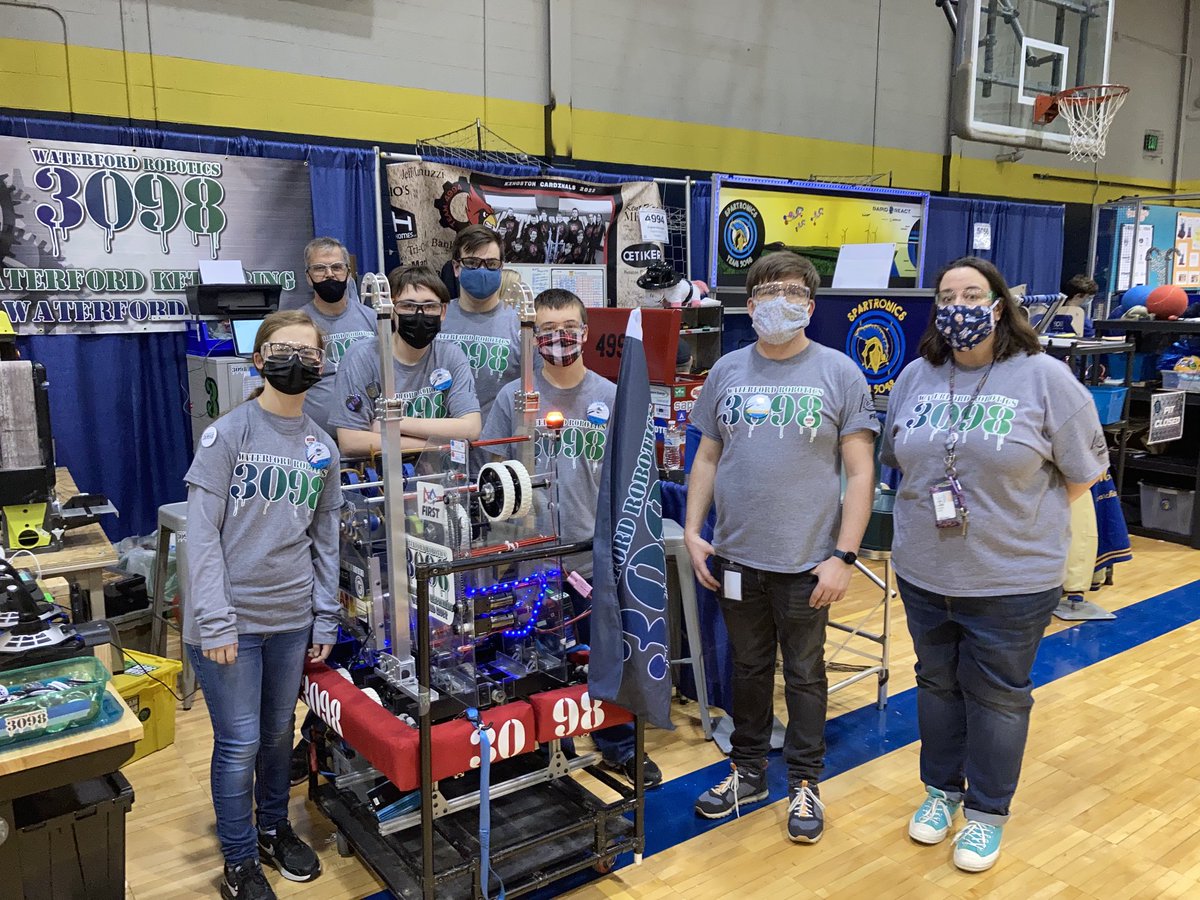 benharwoodWKHS's tweet photo. Congratulations to Waterford FIRST Team #3098, our amazing kids, fantastic driver Gavin, parents and coaches Spencer Peat and Sarah Yates for a terrific Qualifying Round at WLC. We’re ranked 14 &amp; ready for elimination rd. You’ve also gained a new mascot — Liam! ⁦@WSDNews⁩ https://t.co/MD1JaklCdU