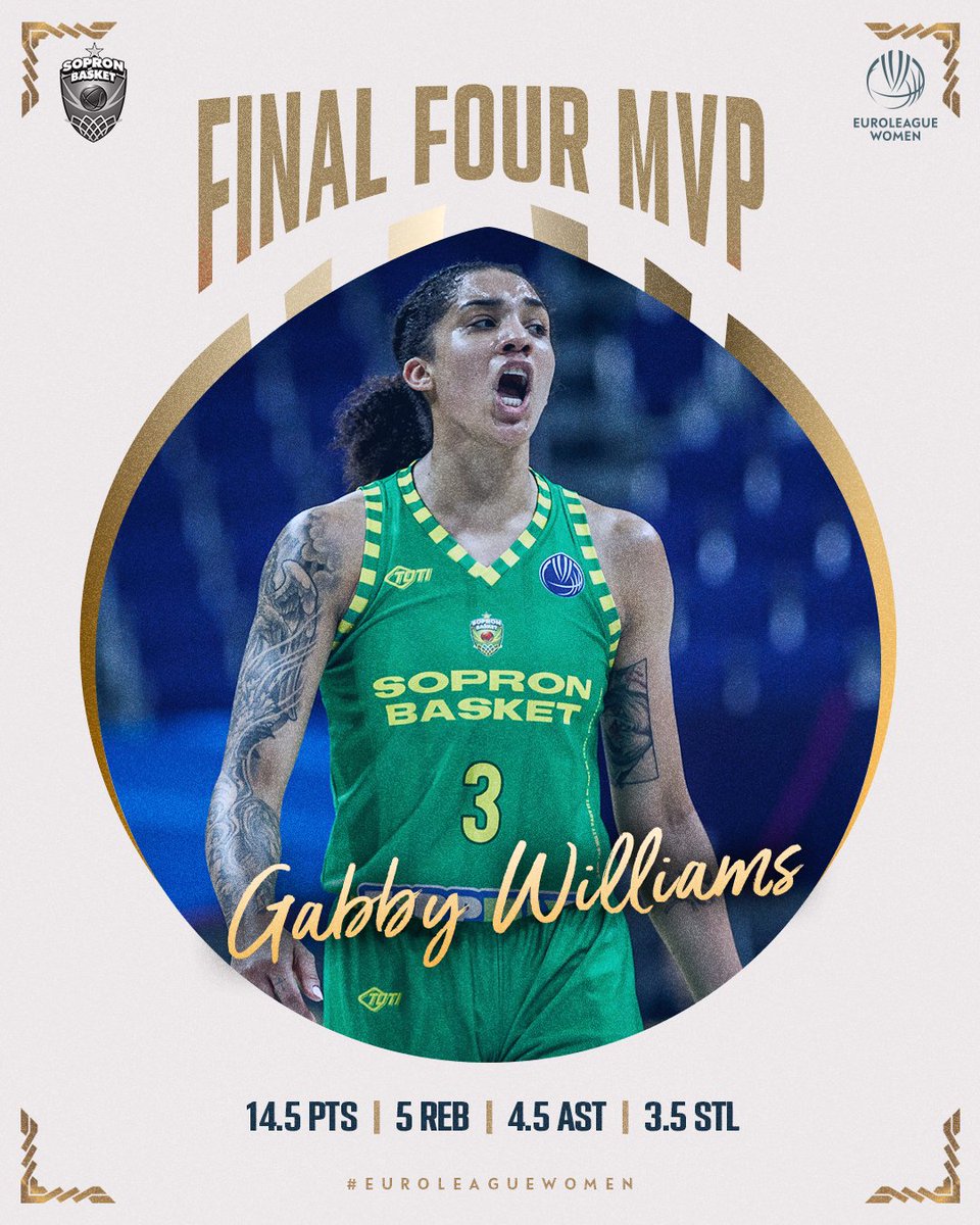 EuroLeagueWomen's tweet photo. Leader. Champion. 𝗠𝗩𝗣. 🙇

Congratulations to the Most Valuable Player of the #EuroLeagueWomen Final Four 2022, @gabbywilliams15! 💚 https://t.co/JHO97aizPn
