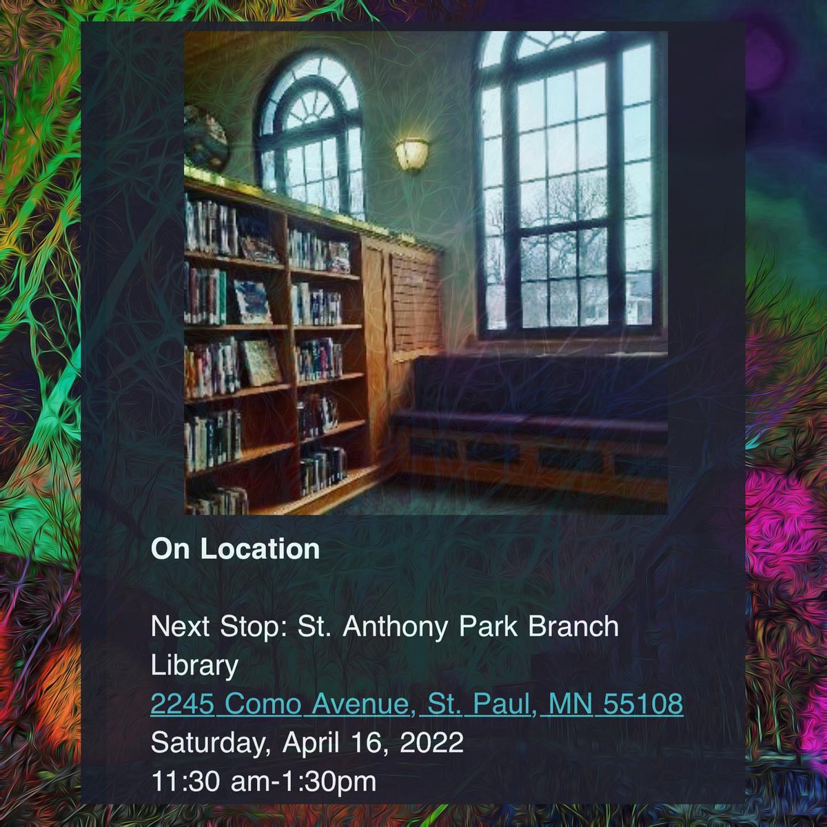 Join Art to Change the World for our upcoming On Location Drawing Co-op!

Next Stop: St. Anthony Park Branch Library
2245 Como Avenue, St. Paul, MN 55108
Saturday, April 16, 2022
11:30 am-1:30pm
We will gather inside the library to draw and browse.