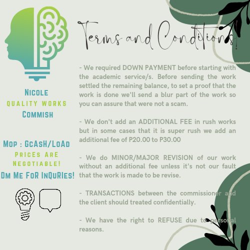 Are you stress? Exhausted with your ACADEMICS? 
I got your back! ✨

Hi I'm Nicole!  Exhausted with your ACADEMICS? I can help with your academics. Dm me for Inquiries. I'm open for Commission ✨

Forte: Research, Any Essays, Reflection Paper,  Paperwork related Reports &amp; Math