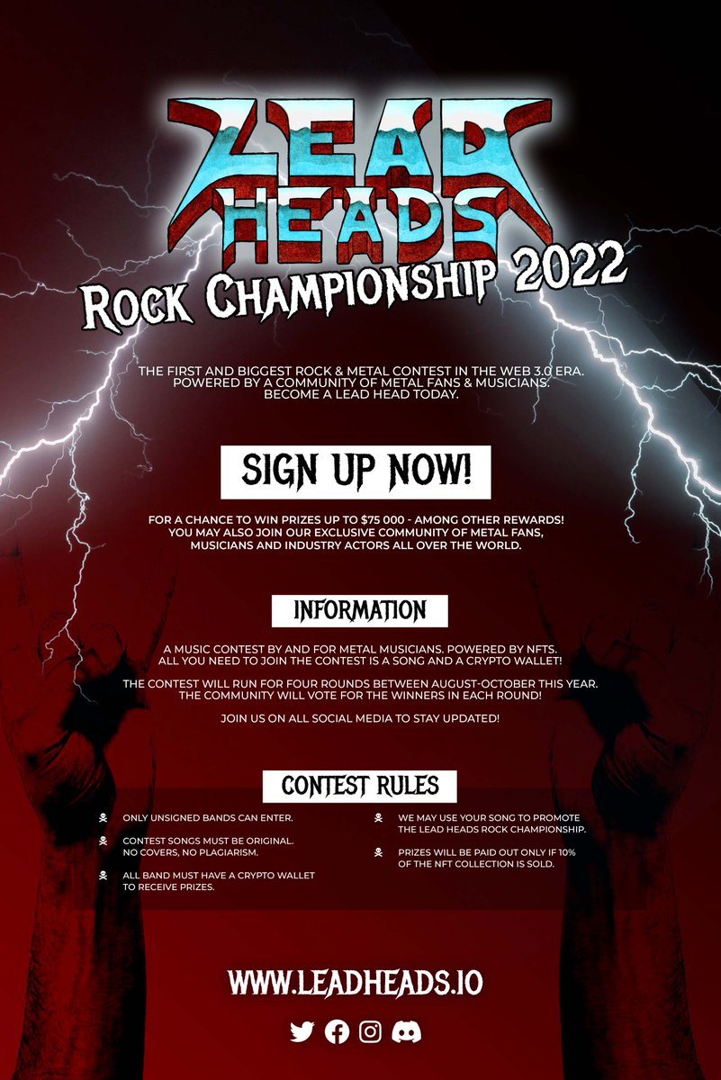 leadheads_nft's tweet image. The first and biggest music contest in the web 3.0 era! Powered by NFTs and the community! Follow us and tag a friend if you&apos;re a fan of rock music or know anyone playing in a #metal or #rockband! 🤘
#nft #MusicNFTs