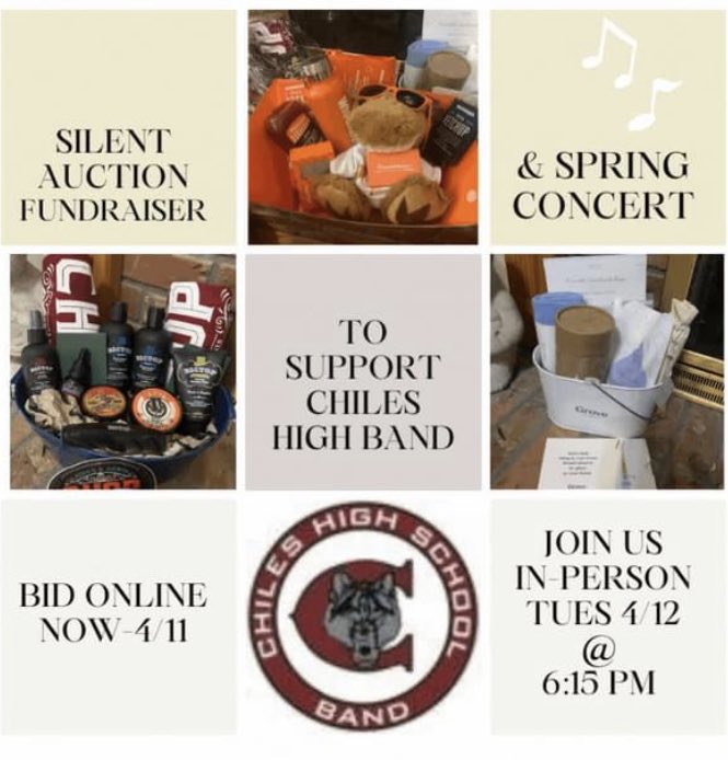 ChilesBand's tweet photo. Please note that we will accept cash, check, or PayPal on the evening of the event, and items must be paid for by 9pm on April 14th. @LeadTimberwolf @wolfcenter @chilestwolves https://t.co/d3GbSp7hZ5