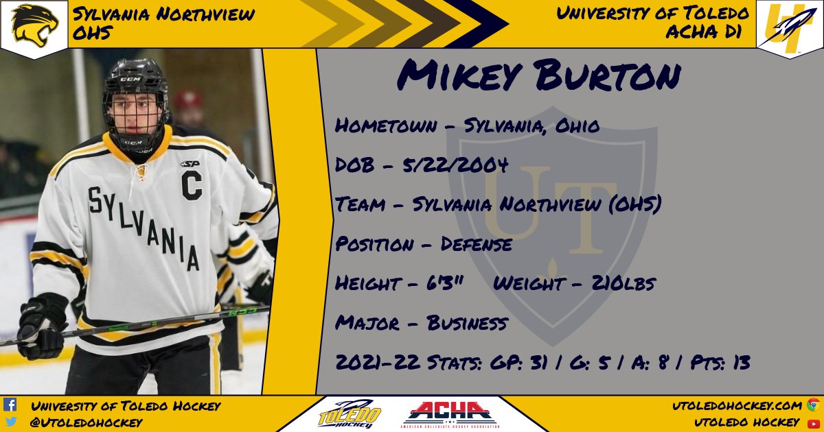 🚨🚀 COMMITMENT 🚀🚨
Mikey Burton is the 4th commitment of our 2022 recruiting class! Mikey is a defenseman from Sylvania, Ohio and produced 13 points from the blue line this past season as the captain of <a href="/NVHS_Hockey/">Northview Hockey</a>! Mikey will be studying business at <a href="/UToledo/">The University of Toledo</a>!