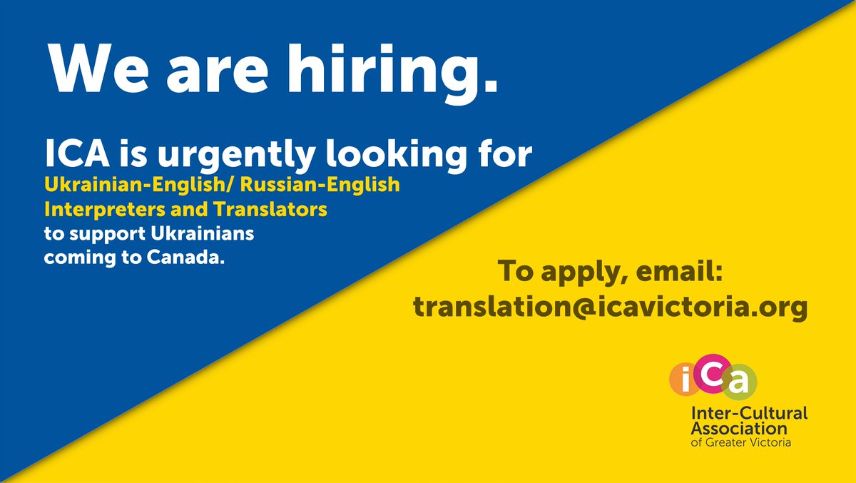 ICAVictoria's tweet photo. Please share! ICA is hiring interpreters and translators who speak Ukrainian and Russian. If you or anyone you know is fluent in English and Ukrainian or English and Russian, please contact us at translation@icavictoria.org.

#ukraine #translation #jobsinvictoria https://t.co/Mo5vLnwPZO