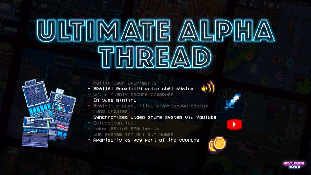 1/ 

🧵Ultimate alpha thread &amp; dev spaces recap

- massive improvements to Worldwide Webb Land ownership🏠

- apartment reveal updates

- gaming updates

🏆Engage with this thread to win an apartment #JoinTheWebb🌐