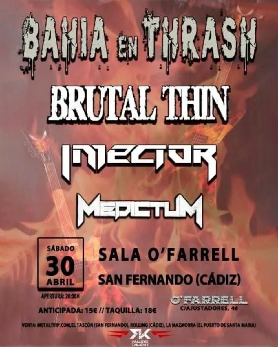 Nueva fecha y entradas ya a la venta para Brutal Thin encabezando la primera edición del Bahía en Thrash el próximo 30 de abril en la Sala Ofarrell de San Fernando, Cádiz, organizado por RKMusicTalent ,entradas disponibles en Metaltrip 
Maldito Records