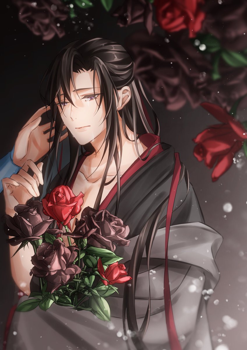 flower long hair male focus rose black hair 1boy chinese clothes  illustration images