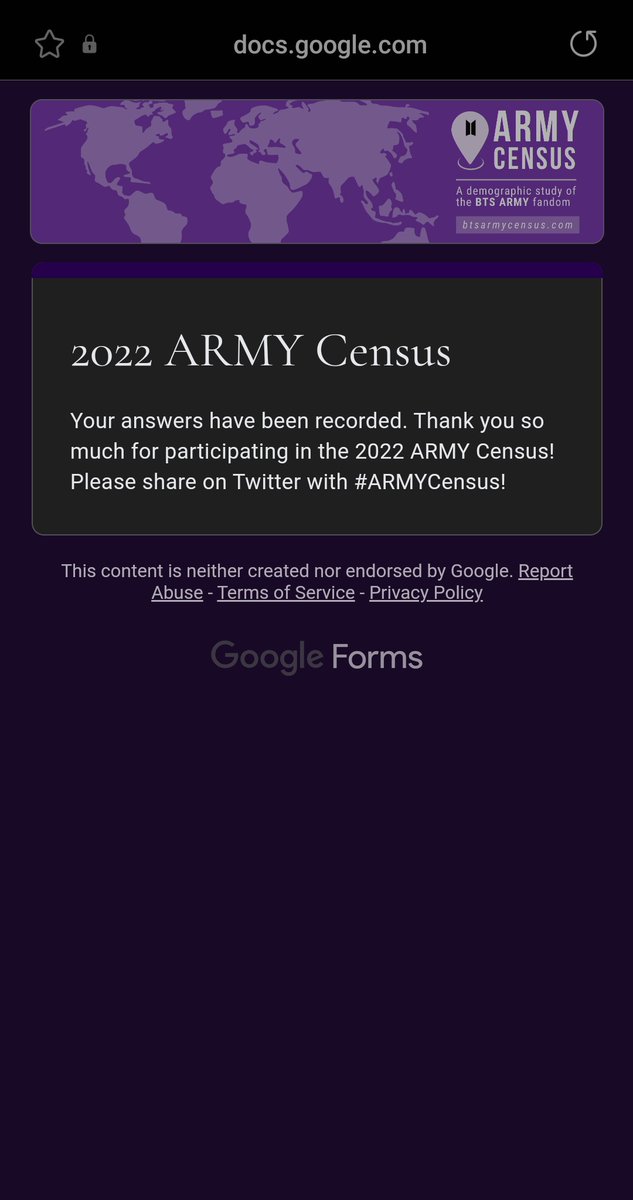 stanningD_BTS's tweet photo. Yayy Done💜
A round of applause for  #ARMYCensus2022 https://t.co/CcoW8IofZB