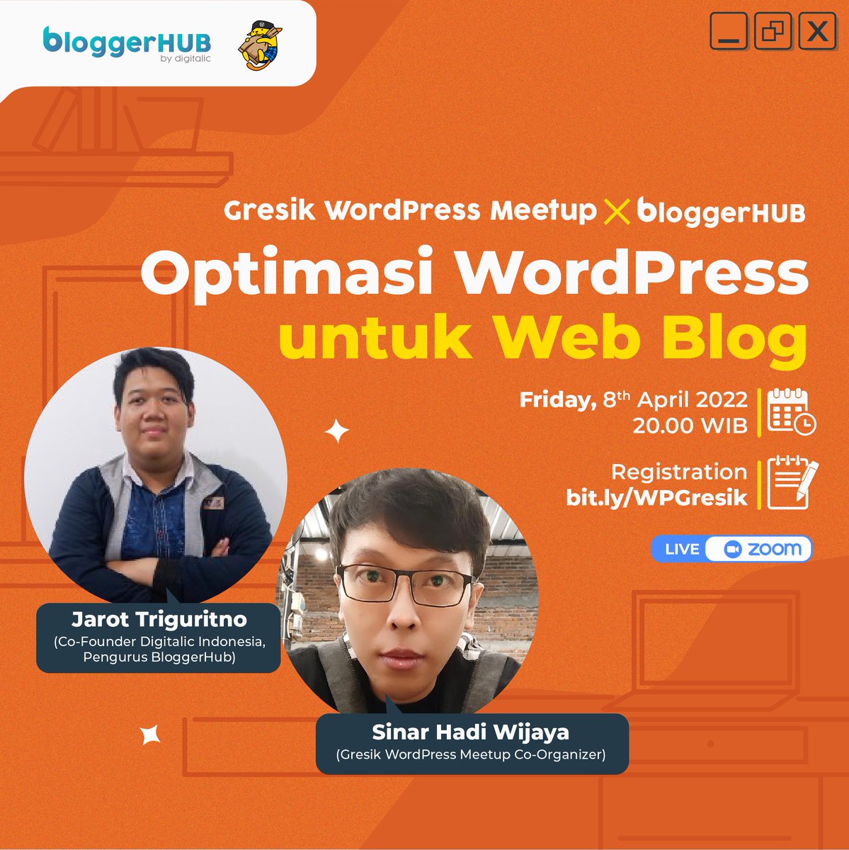 BloggerHubid's tweet photo. Sobat, ada yang penasaran bagaimana mengoptimasi performa blog WordPress-mu?

Ikut event ini yuk!
Jumat, 8 April 2022
20.00 WIB
via Zoom

Link Pendaftaran : https://t.co/r7OiLBJvR8

Jangan sampai ketinggalan yaa~

#WordPressIndonesia #WPMeetup #BloggerIndonesia #Bloggers https://t.co/9b1CwXaM8O