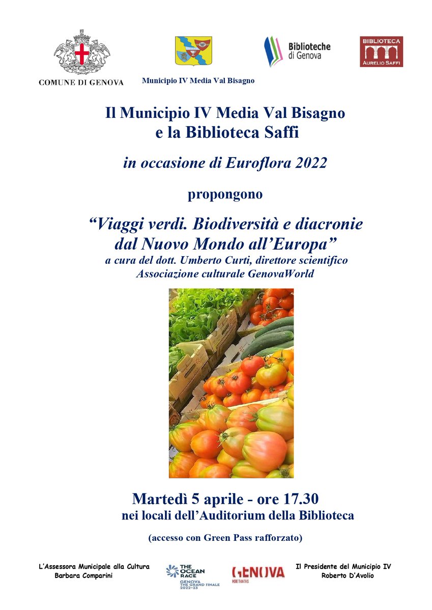 luisapuppo's tweet photo. Conversazione a cura di Umberto Curti (Direttore Scientifico di #GenovaWorld)presso la Biblioteca Saffi (05/04 h 17.30) per la rassegna #fiorfioredibiblioteche #Euroflora2022
Calendario degli eventi >https://t.co/Ag4CTl9xpP
#biodiversità #euroflora #etnogastronomia #geniusloci https://t.co/DbUTMjVEes