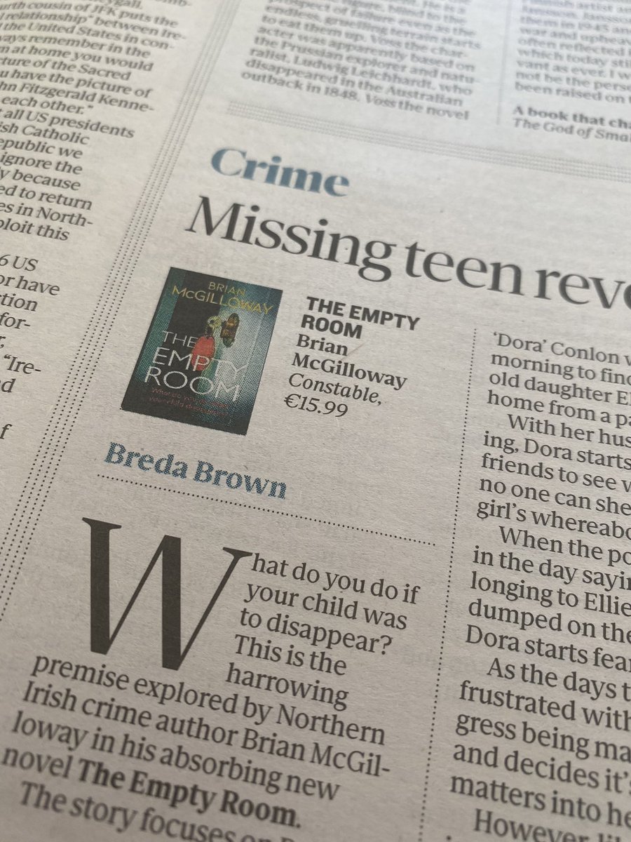 ElaineEgan_'s tweet photo. 'This cleverly layered tale unfurls at a swift pace with a host of unexpected and intriguing diversions that expertly fuel the tension.' @TheSundayIndo reviews @BrianMcGilloway #TheEmptyRoom https://t.co/8db8gSh1AZ