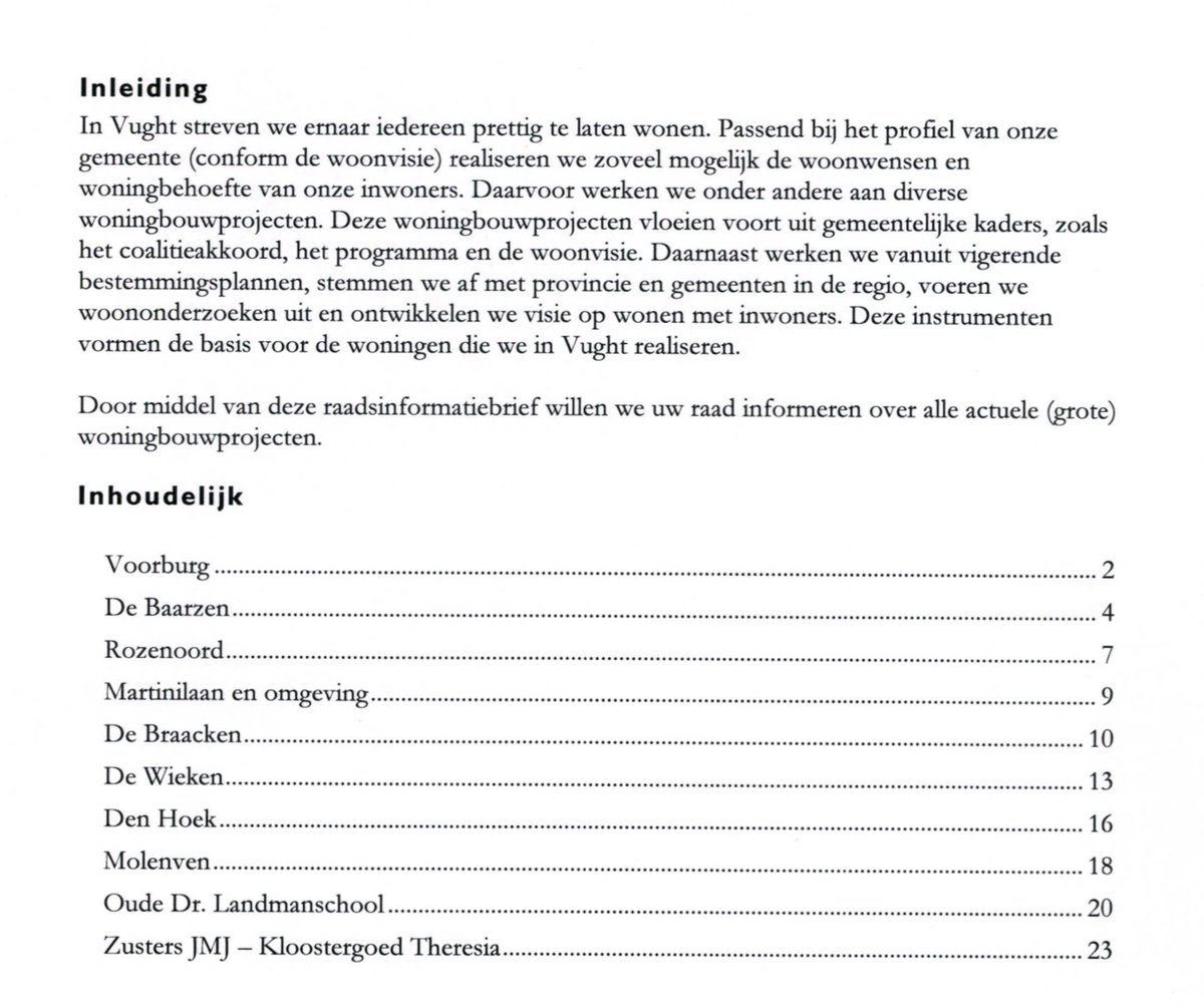 Wat een teleurstelling de raadsinformatiebrief van het college #vught.
Een ambitie voor het realiseren van 2000 woningen, 2 wethouders zijn daar verantwoordelijk voor en na 1,5 jaar, geen enkel nieuw woningbouwproject op de lijst van “grote” projecten. ( > 7 woningen)
