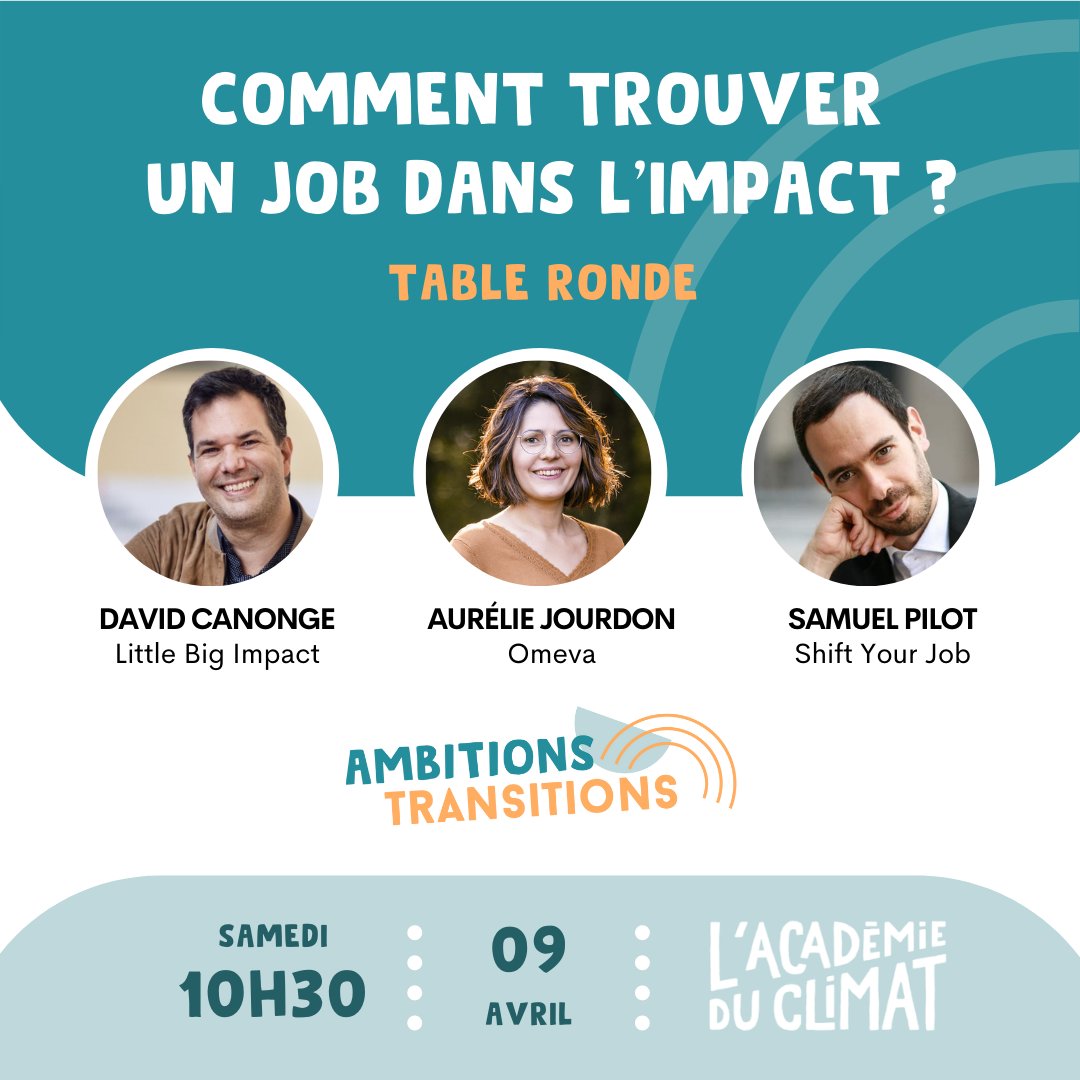 Ambitions Transitions (@amb_transitions) on Twitter photo Des #intervenants inspirants et engagés qui vous donneront tous les #tips pour trouver un #jobàimpact !
👉 <a href="/CanongeDavid/">DAVID CANONGE</a> de <a href="/Littlebigimpact/">Little Big Impact</a>
👉 Aurélie Jourdon d'#OMEVA
👉Samuel Pilot de <a href="/Shiftyourjob/">Shift Your Job - Réconcilier Emploi et Climat</a>
#TableRonde modérée par <a href="/VergneNicolas/">Nicolas Vergne</a>
#ambitionstransitions #shiftyourjob Des #intervenants inspirants et engagés qui vous donneront tous les #tips pour trouver un #jobàimpact !
👉 <a href="/CanongeDavid/">DAVID CANONGE</a> de <a href="/Littlebigimpact/">Little Big Impact</a>
👉 Aurélie Jourdon d'#OMEVA
👉Samuel Pilot de <a href="/Shiftyourjob/">Shift Your Job - Réconcilier Emploi et Climat</a>
#TableRonde modérée par <a href="/VergneNicolas/">Nicolas Vergne</a>
#ambitionstransitions #shiftyourjob