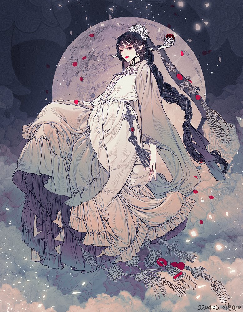 1girl solo long hair black hair braid dress moon  illustration images