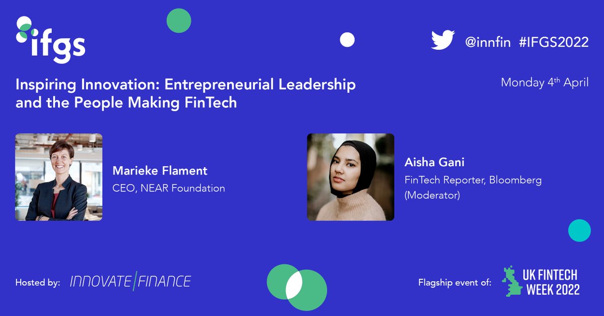 NEARProtocol's tweet photo. What does it mean to be a FinTech leader? And how do you attract and retain talent?

NEAR Foundation CEO @mariekeflament joins @Visa's Mandy Lamb, and @business’ @aishagani for a fireside chat at the @InnFin Conference tomorrow, April 4th, at 11:45AM UTC. https://t.co/6y5bOupe13