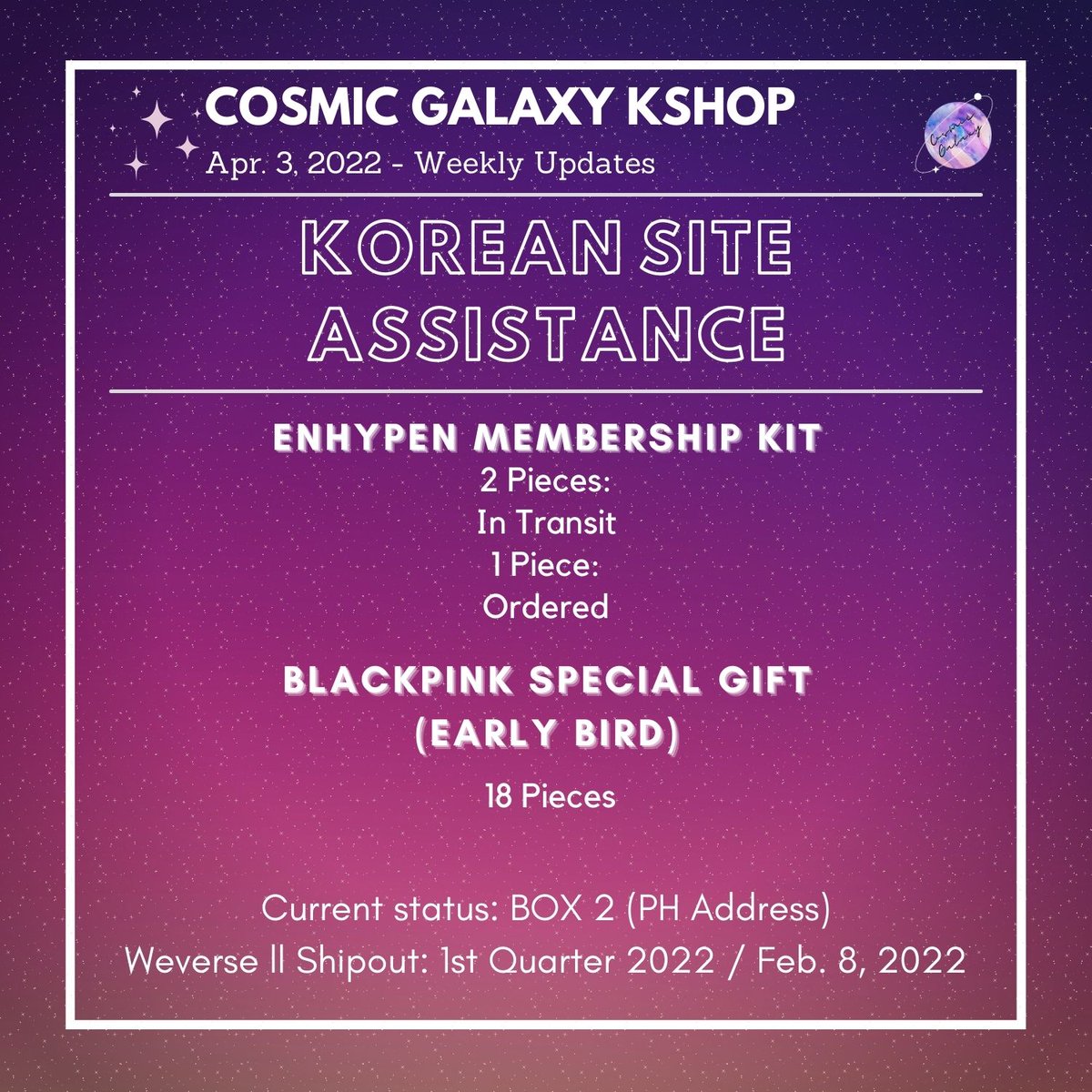CGKShop's tweet photo. #CG_WeeklyUpdates
April 3, 2022 - Weekly Updates
🌟Kep1er FI Tingi
🌟Kep1er Hand Signed
🌟EN- MemKit
🌟BP Special Gift
🌟NCT 2021 Universe
💟For ongoing lapags:
check #/CG_Ongoing
💟For weekly proofs:
check #/CG_WeeklyProofs
💌DM for concerns and clarifications https://t.co/TXKBUpAs1R