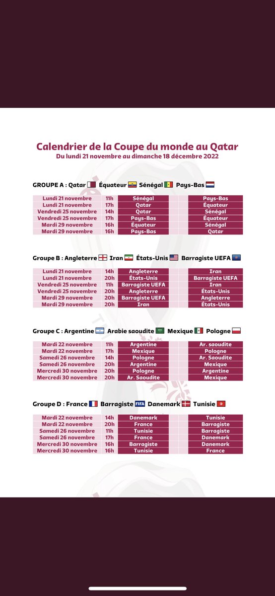 NtkPronos's tweet photo. Le calendrier complet de la Coupe du monde 2022 au Qatar 🇶🇦

Pour ceux que ça intéresse : https://t.co/hvotSjZnpw