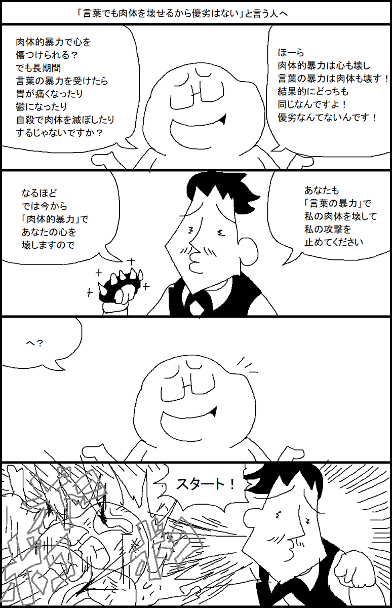「言葉でも肉体を壊せることを否定しようとするな!」とか斜め上の批判が来たのでタイトルを変えました 