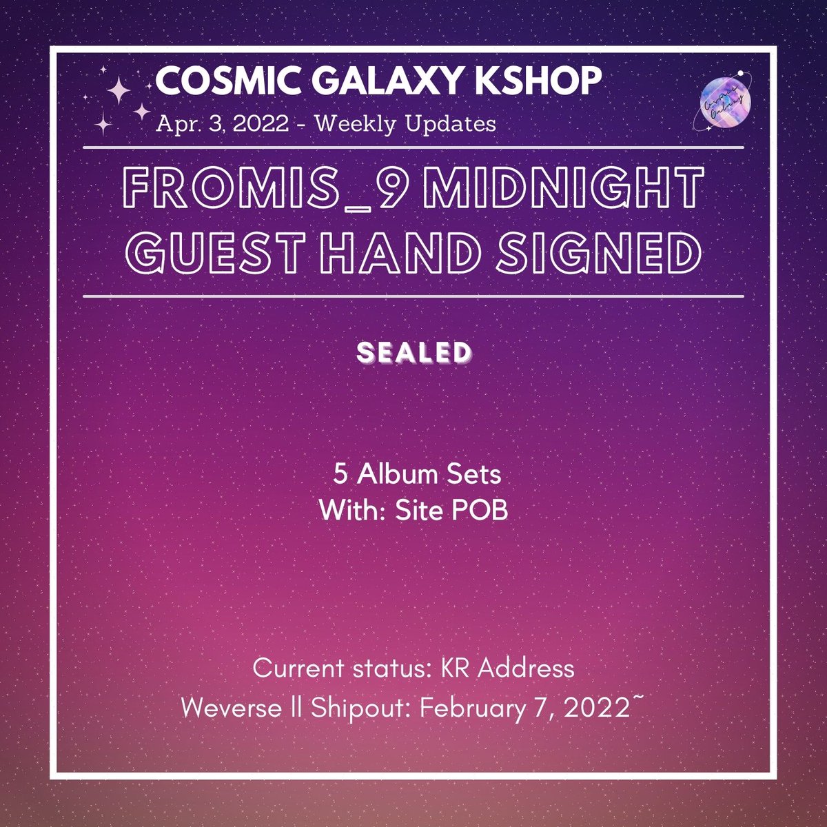 CGKShop's tweet photo. #CG_WeeklyUpdates
April 3, 2022 - Weekly Updates
🌟DICON PC 101: Custom Book
🌟Fromis_9 Hand Signed
🌟Fromis_9 MG
🌟EN- Memories: Step 1
💟For ongoing lapags:
check #/CG_Ongoing
💟For weekly proofs:
check #/CG_WeeklyProofs
💌DM for concerns and clarifications https://t.co/Q1X9dpyrRs
