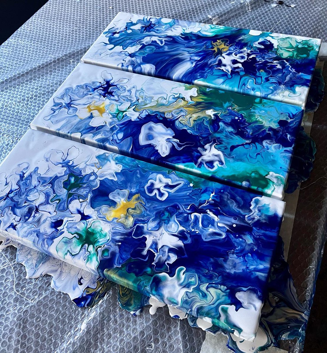 Latest painting, triptych with Blues, Greens and Gold #art #artforsale #artwork #colour #painting #fluidart #fluidartist #pouringart #modern #modernart #modernartist #artgallery