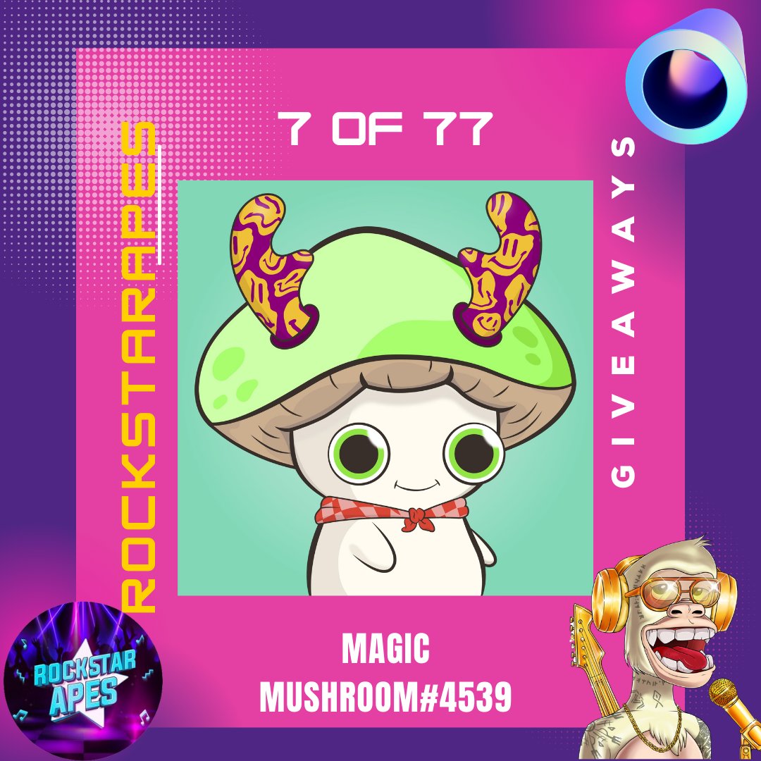 RockstarApes's tweet photo. Our 7th of  77 #Giveaway  of Our 77 Days After Mint Is
The @MushroomClubNFT

Yes this is 2nd One 🍄
 To Enter:

➡️ Follow @RockstarApes
➡️ Retweet &amp; Like
➡️ Tag 3 friends that you think is a Rockstar🐵🙈
➡️ Join our Discord (https://t.co/SaGmhijfIV)

**Submit Sc For Free WL** https://t.co/SktwQfqFmn