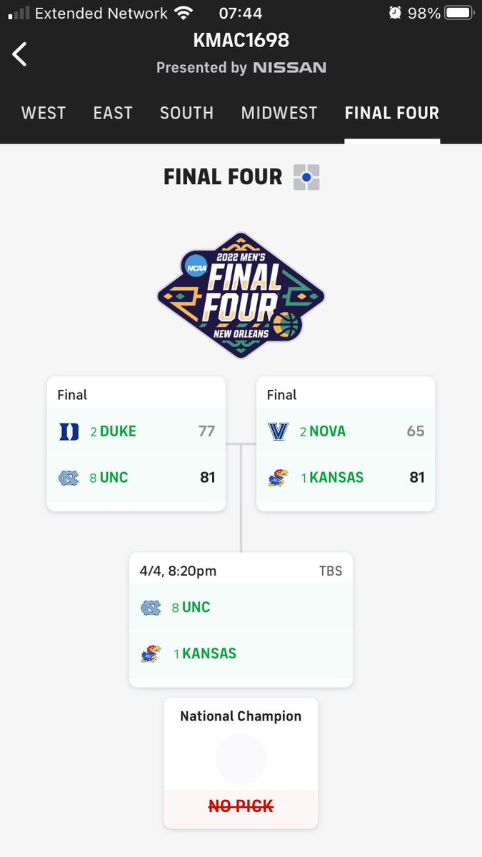 _ryanpeterson's tweet photo. Imagine being tied for 1st place in NCAA bracket tournament sponsored by Nissan and not picking a winner. https://t.co/LUT4ViEBZ4