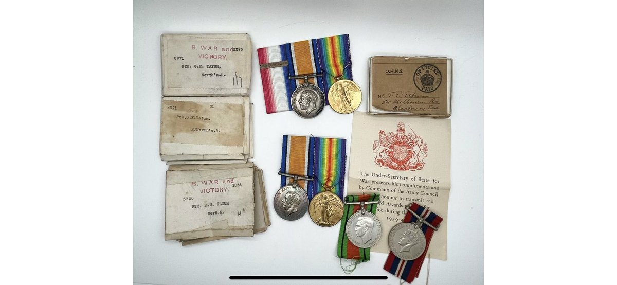 newguide2015's tweet photo. New to collection George &amp; Robert Tatum who where both killed in WW1. Robert is at rest in @CWGC Oxford Rd Cemetery and George is remembered on the Plugstreet Memorial. The WW2 medals are to there brother. #suffolk #Essex #LestWeForget #history #brothers #family https://t.co/wDDtvg7PAy