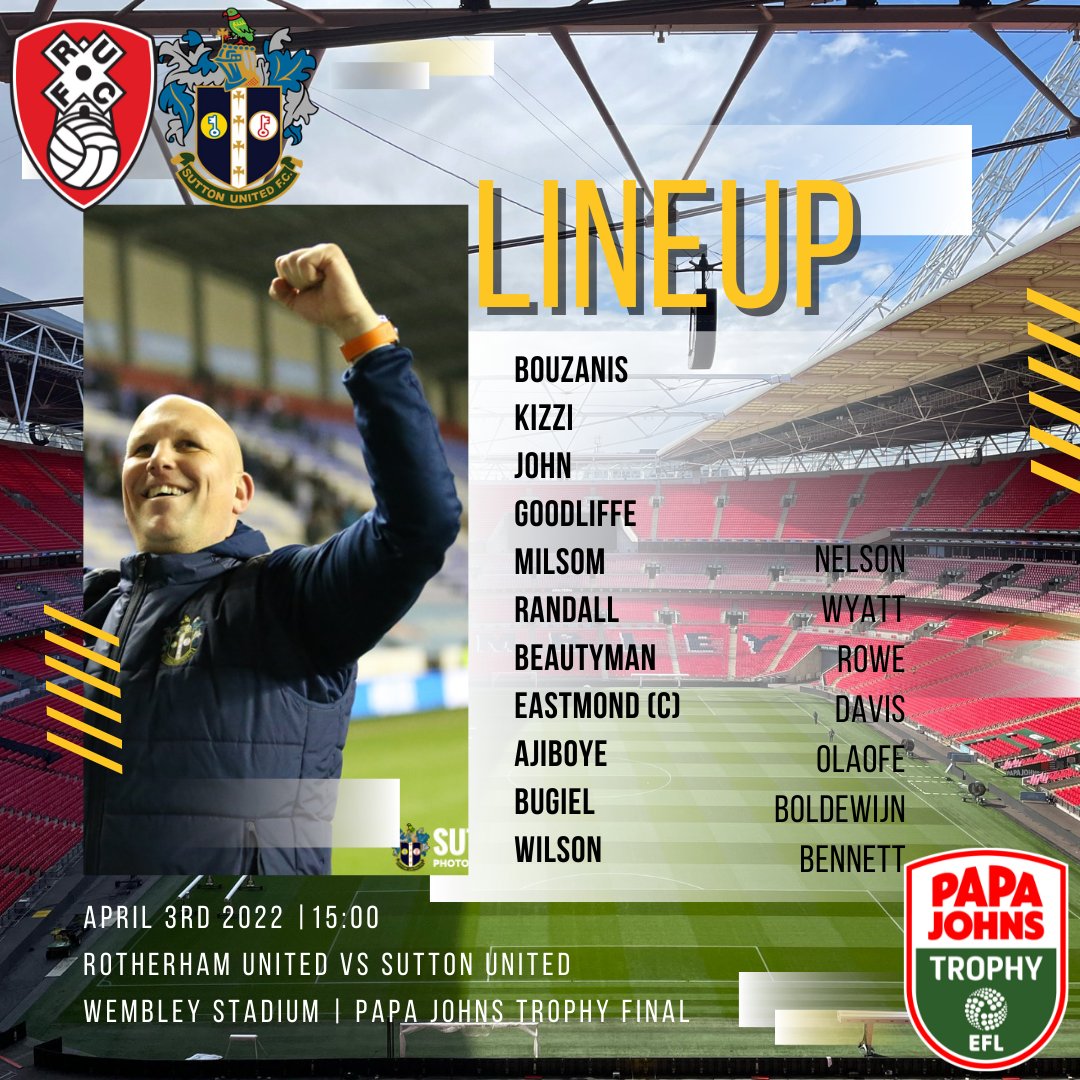 suttonunited's tweet image. Your Wembley Final lineup is in. Amber Army is flooding into Wembley and we are an hour from kick off. Come on the U's 💛

#suttonunited | #EFL | #PapaJohnsTrophy