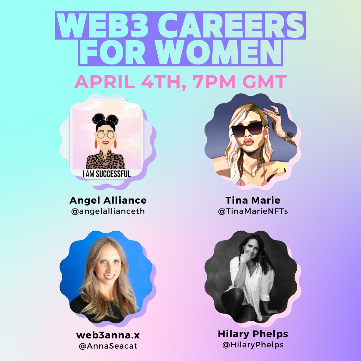 BeyondPowerNFT's tweet photo. In this episode we’ll talk more about how to create meaningful relationships to start a career in Web3 &amp; the skills needed. 

Our amazing speakers are:
@angelallianceth 
@TinaMarieNFTs 
@AnnaSeacat 
@HilaryPhelps 

See you there frens 🥂

https://t.co/HA7swedtq7 https://t.co/HdHahc75tj