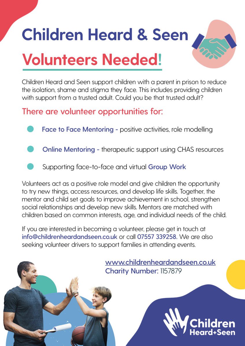 ChildrenHandS's tweet photo. Do you have a couple of hours a week to #volunteer in the early evening or weekends, to support a child with a parent in prison, face to face or virtually? Come along and find out more at our zoom information session on Wednesday 6th April at 7pm #parentalimprisonment https://t.co/o2nkrQxeCx