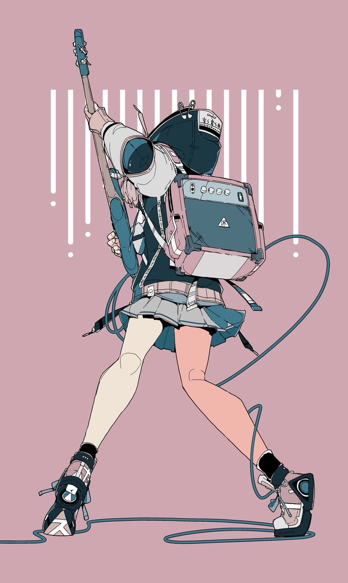 1girl limited palette solo backpack skirt flat color instrument  illustration images