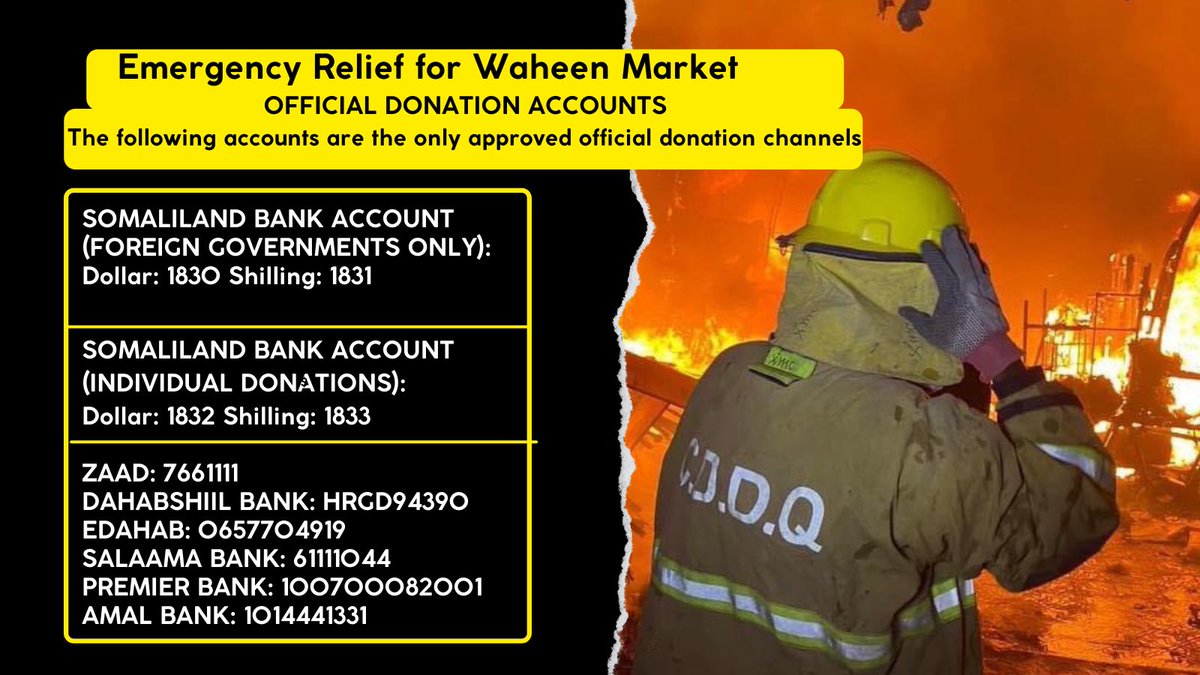 I just put the translated version of the emergency relief call by the Somaliland Government into a poster for the #HargeisaFire global audience who want to make donations! Info can also be found on hargeisarelief.com 🙏🏽

#StandwithHargeisa
#HargeisaMarketFire