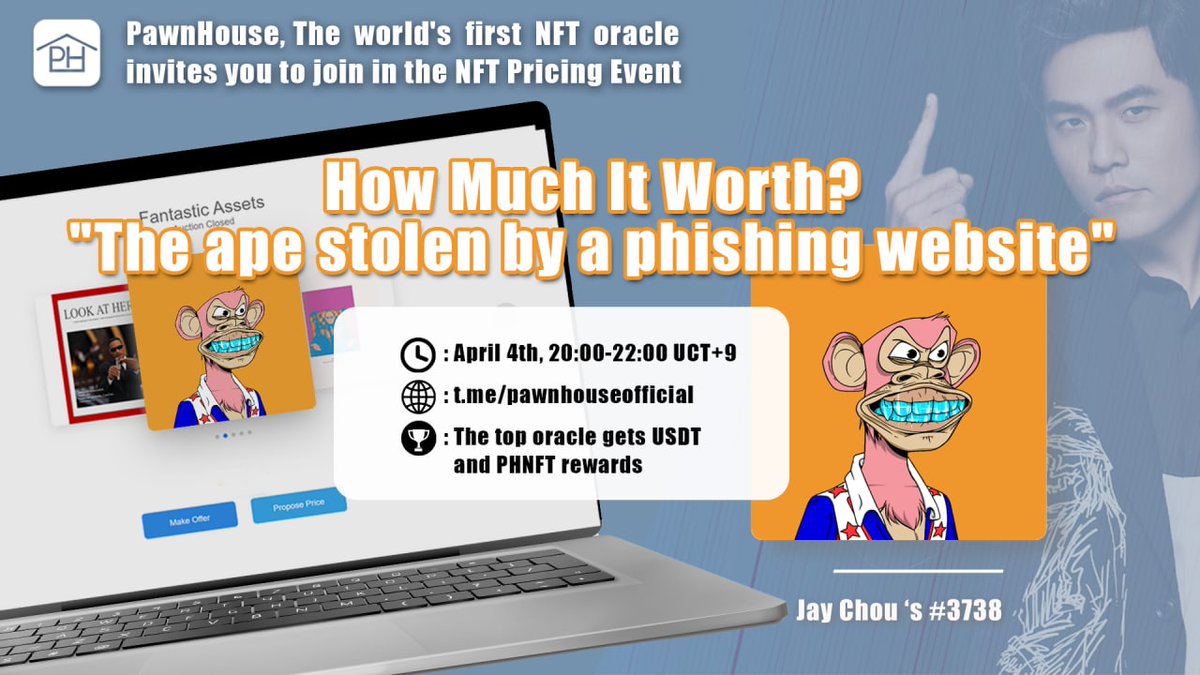 pawnhouse_nft's tweet photo. PawnHouse invites you to join in the NFT Pricing Event: How much it worth, that "Ape stolen by a phishing website"?

⏲️: April 4th, 20:00-22:00 UCT+9
 🛖: https://t.co/TeO4qlSMXg
💰: The top oracle gets USDT and PHNFT rewards

PawnHouse, The world's first NFT oracle https://t.co/odlk1rxnWa