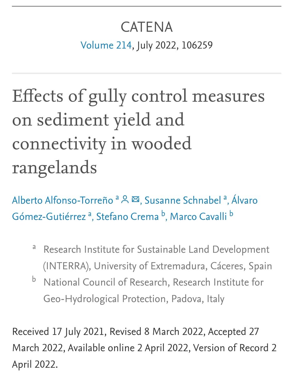 Alberto_ATcc's tweet photo. 📢 Our new study "Effects off gully control measures no sediment yield and connectivity in wooded rangelands" is now out in #Catena 💥

Find our open access paper here: https://t.co/dAPwRV2LRF https://t.co/yDPbPZzE5T